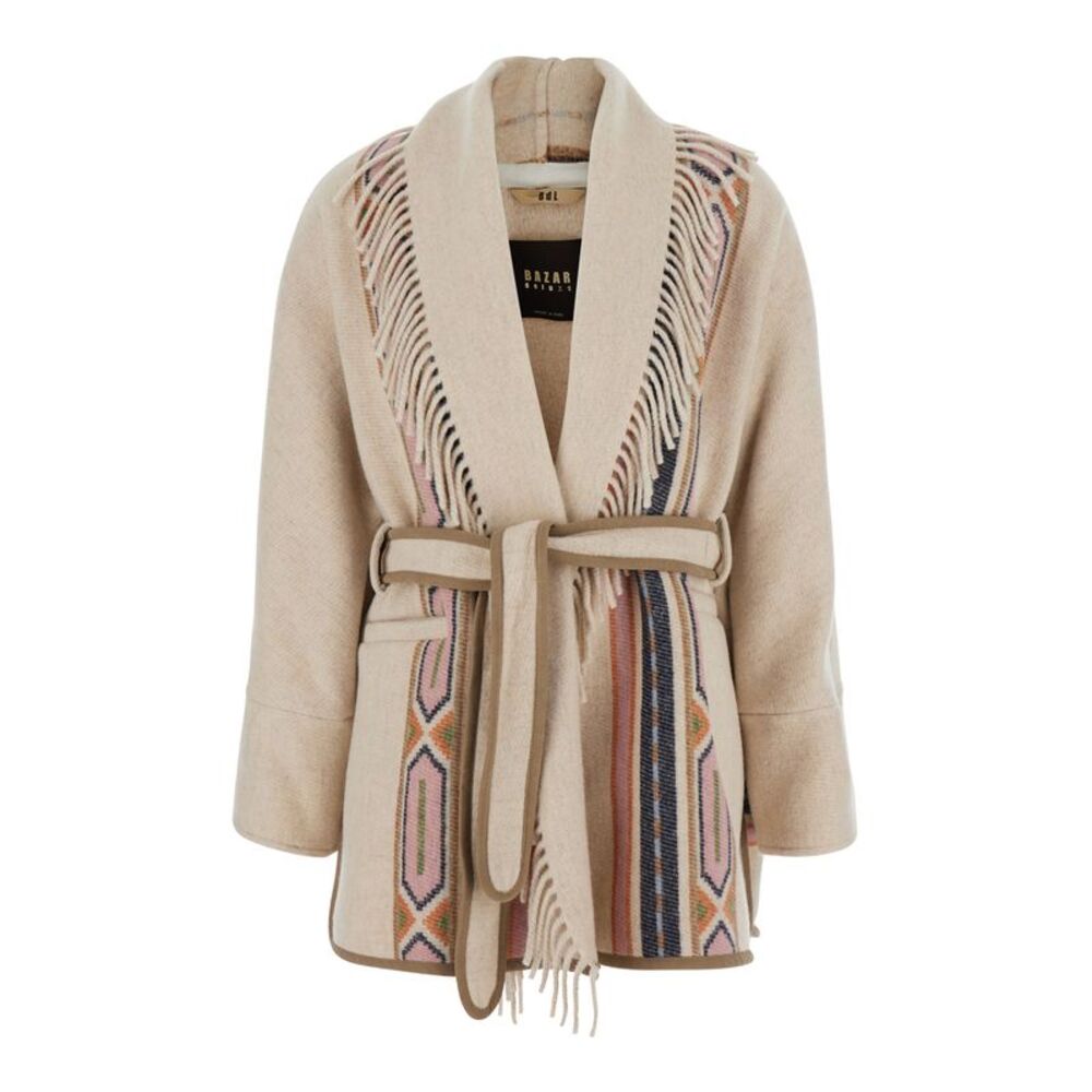 Bazar Deluxe Women Navajo Coat With Fringes In Tech Fabric Beige Unisex